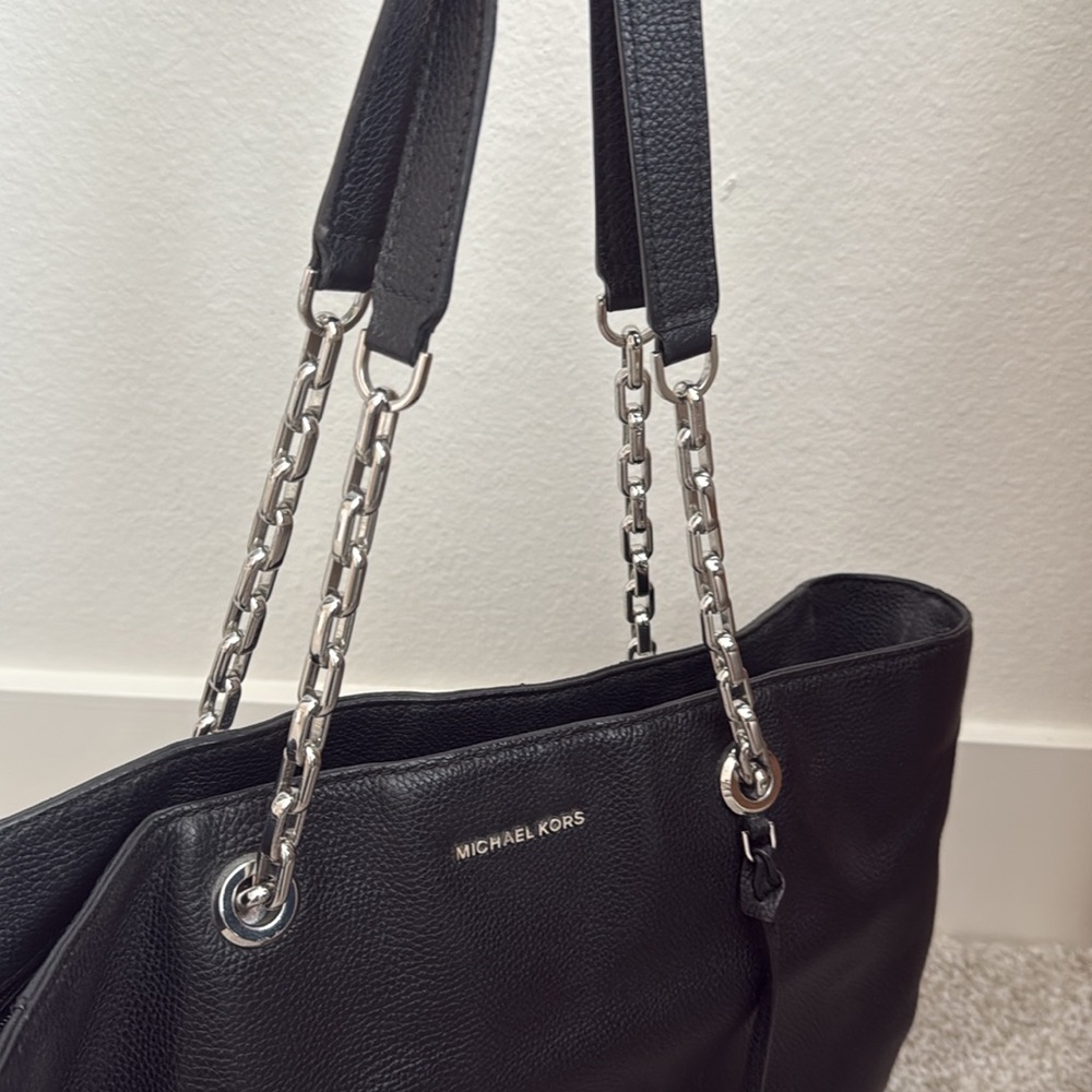 MICHAEL Michael Kors Black Leather Tote with Silver Chain Straps